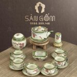 Bộ ấm chén màu ngà dáng vuông họa tiết Nhành Lựu vẽ tay SG-AC136