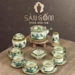 Bộ ấm chén màu ngà quai đồng dáng vuông họa tiết Trúc Xanh SG-AC137