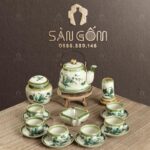Bộ ấm chén màu ngà quai đồng dáng siêu họa tiết Trúc Xanh SG-AC144