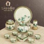 Bộ ấm chén màu ngà quai đồng dáng siêu họa tiết Trúc Xanh SG-AC145