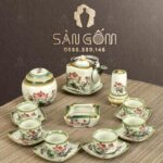 Bộ ấm chén màu ngà quai đồng dáng vuông họa tiết Hoa Sen SG-AC153