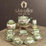 Bộ ấm chén màu ngà quai đồng họa tiết Hoa Sen SG-AC155