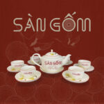 Bộ ấm chén sứ trắng dáng vuông họa tiết hoa cúc vẽ tay SG-AC92