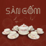 Bộ ấm chén sứ trắng vẽ hoa đào dáng vuông SG-AC96