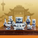 Bộ đồ thờ hoa sen men lam vẽ vàng Bát Tràng SG-BDT03