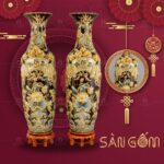 Cặp lục bình " Phúc- Lộc- Thọ" vẽ Vàng họa tiết Hoa Sen đắp nổi SG-LB13