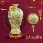 Mai bình họa tiết "Công -Đào"đắp nổi vẽ vàng màu ngọc SG-MB52