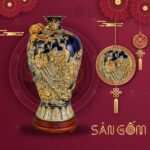 Mai bình “Công đào” màu xanh dương đắp nổi vẽ vàng 24k SG-MB18