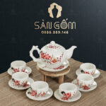 Bộ ấm chén dáng chuông men lạnh họa tiết nhành đào đỏ SG-AC189
