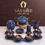 Bộ ấm chén men hỏa biến hoa đỏ nở trong chén SG-AC201