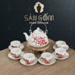 Bộ ấm chén trà quai nhôm họa tiết nhành hoa đào SG-AC184