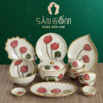 Bộ bát đĩa Bát Tràng họa tiết búp sen vẽ tay SG-BD01