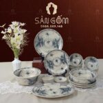 Bộ bát đĩa giả cổ Bát Tràng họa tiết chuồn khoai vẽ tay SG-BD06