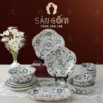 Bộ bát đĩa giả cổ Bát Tràng họa tiết hoa cúc vẽ tay SG-BD07