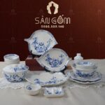Bộ bát đĩa sứ trắng Bát Tràng họa tiết hoa sen vẽ tay SG-BD09