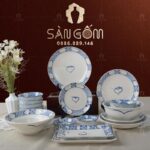 Bộ bát đĩa sứ trắng Bát Tràng họa tiết trái tim vẽ tay SG-BD10