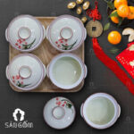 Bộ khay mứt trắng vẽ tay hoa sen đỏ SG-KM10