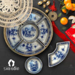 Khay mứt khung mây họa tiết hoa sen men lam SG-KM02