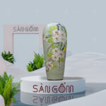Lọ hoa men cổ dáng bom vẽ tay nhành hoa đào S3 SG-BH179