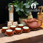 Bộ ấm trà lá sen tách lót sen men nâu gốm mộc SG-AC219