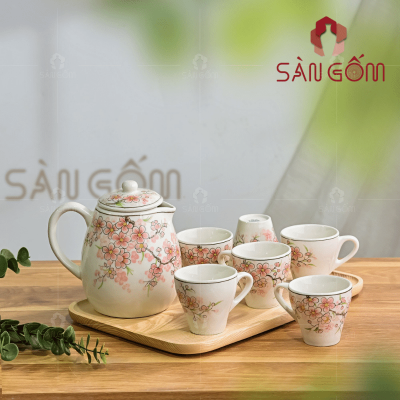 Bộ bình nước 1,4l gốm sứ Bát Tràng họa tiết đào hồng vẽ tay SG-BBN10