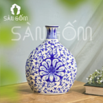 Lọ hoa Bát Tràng dáng bình rượu họa tiết dây leo vẽ tay màu men lam SG-LH319