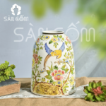Lọ hoa Bát Tràng dáng chuông họa tiết chim trĩ hoa phù dung vẽ tay SG-LH344