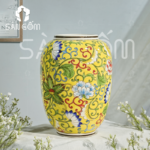 Lọ hoa Bát Tràng màu vàng dáng giỏ cua họa tiết dây hoa vẽ tay SG-LH256