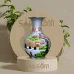 Lọ tỏi gốm sứ Bát Tràng màu xám họa tiết làng quê SG-LT17