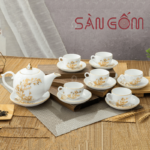 Bộ ấm chén Bát Tràng dáng bưởi lửa họa tiết khóm trúc vẽ vàng SG-AC248