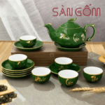 Bộ ấm chén dáng phượng họa tiết phúc lộc thọ vẽ vàng SG-AC235