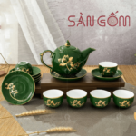 Bộ ấm chén họa tiết hoa sen dáng bưởi lửa vẽ vàng SG-AC237