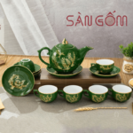 Bộ ấm chén xanh lục bảo dáng bưởi lửa họa tiết chữ lộc vẽ vàng SG-AC239