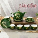 Bộ ấm chén xanh lục bảo dáng bưởi lửa chữ phúc vẽ vàng SG-AC241