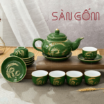 Bộ ấm chén xanh lục bảo quả hồng chữ thọ vẽ vàng SG-AC243