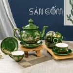 Bộ ấm chén xanh lục bảo dáng phú quý họa tiết công đào vẽ vàng SG-AC245