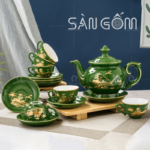 Bộ ấm chén xanh lục bảo họa tiết làng quê vẽ vàng SG-AC251