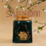 Hộp đựng trà màu xanh rêu dáng vuông họa tiết hoa sen Bát Tràng SG-BĐT05
