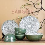Bộ bát đĩa vẽ bèo men xanh ngọc lục gốm sứ Bát Tràng SG-BD14