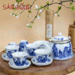 Ấm tích men lam quai đồng dáng chuông họa tiết trúc lâm thất hiền SG-AC287