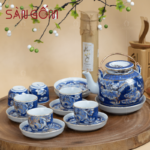 Ấm tích men lam vẽ vàng quai đồng dáng bầu họa tiết rồng vân SG-AC282