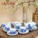 Ấm tích men lam quai ngang dáng bầu họa tiết trúc lâm thất hiền SG-AC281