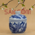 Hộp đựng trà men lam dáng bầu họa tiết sơn thủy SG-BĐT23