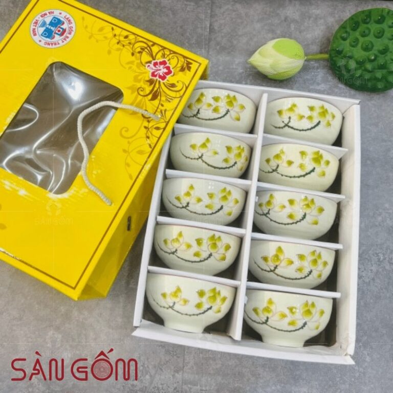 Bộ bát cơm Bát Tràng họa tiết hoa sen vàng vẽ tay SG-BC30
