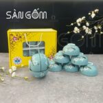 Bộ bát cơm màu xanh Bát Tràng họa tiết hoa đào trắng vẽ tay SG-BC31