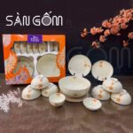 Bộ bát đĩa Bát Tràng họa tiết hoa đào cam vẽ tay SG-BD20