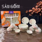 Bộ bát đĩa Bát Tràng họa tiết hoa sen hồng vẽ tay SG-BD22