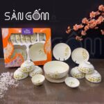 Bộ bát đĩa Bát tràng họa tiết hoa sen vàng vẽ tay SG-BD23