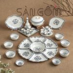 Bộ bát đĩa hoa mặt trời Bát tràng họa tiết hoa mộc cầu men đen SG-HMT22