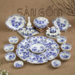 Bộ bát đĩa hoa mặt trời Bát Tràng họa tiết hoa sen men lam vẽ tay SG-HMT25